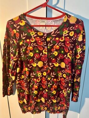 L.L. Bean Women’s Floral Berry Print Cotton Cardigan Sweater 3/4 Sleeve Size M
